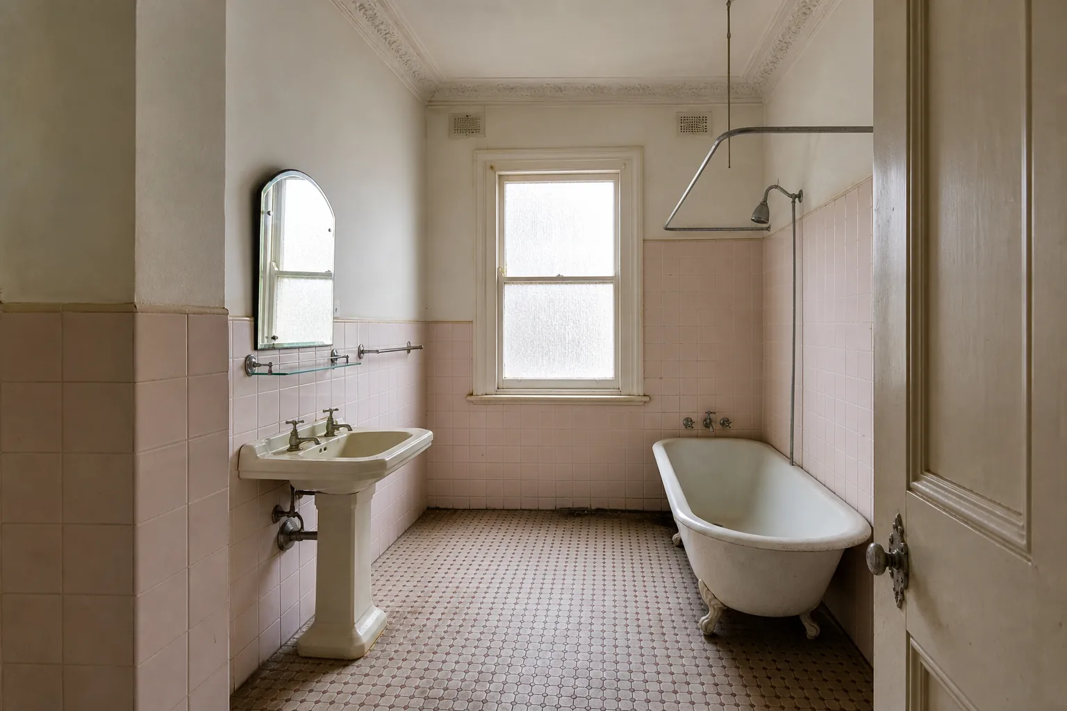 Representative Federation bathroom concept before renovation with pink tiles