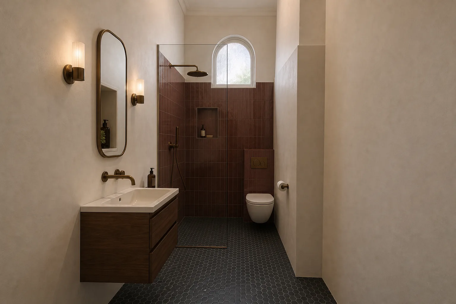 Representative Victorian terrace bathroom concept after renovation as a warm compact wet room