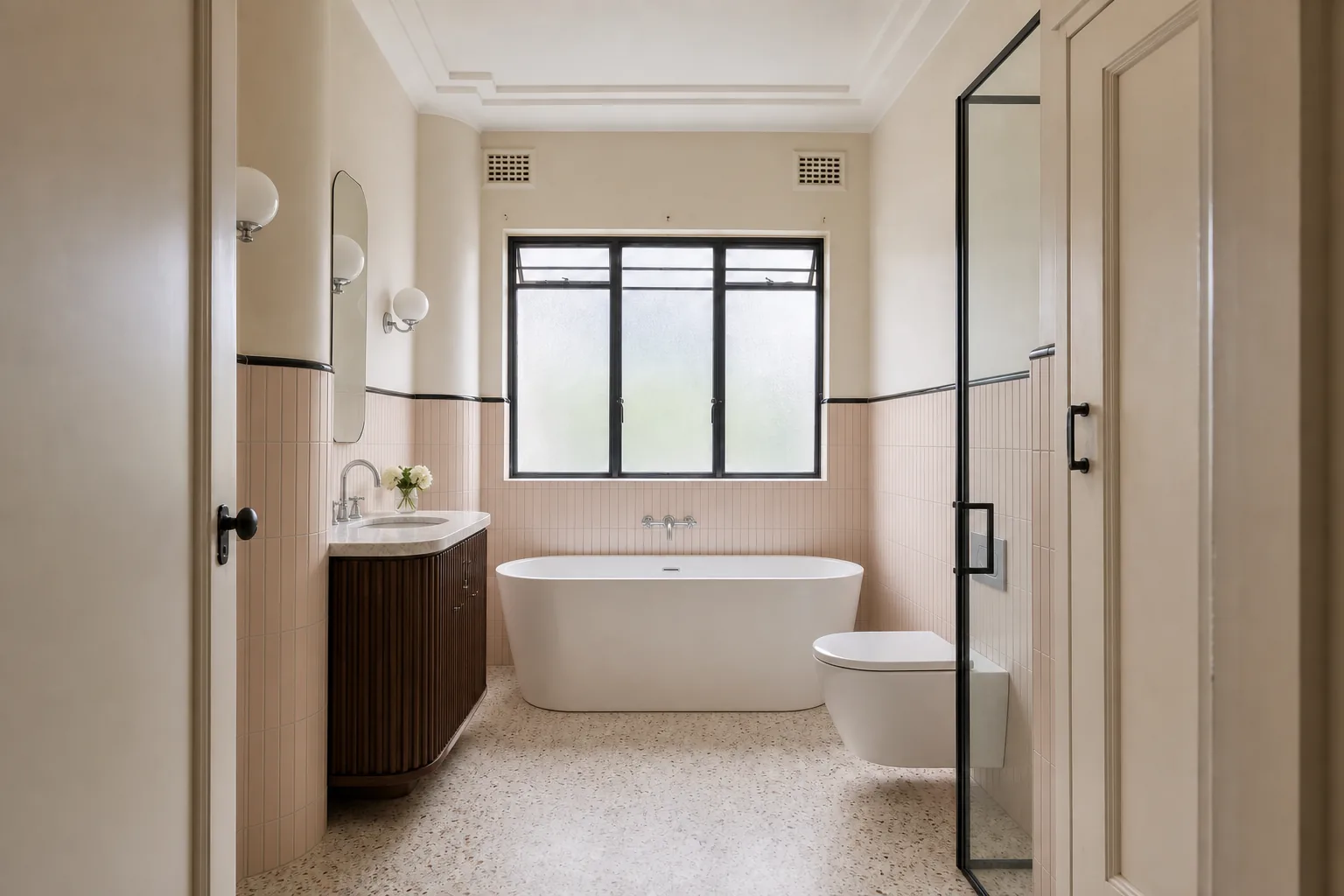 Representative Art Deco apartment bathroom concept after renovation with blush tiles and terrazzo