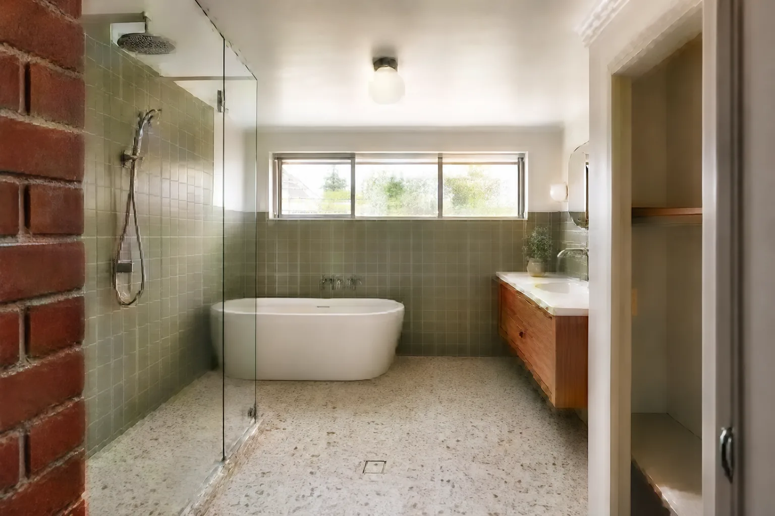 Representative 1960s brick home bathroom concept after mid-century renovation