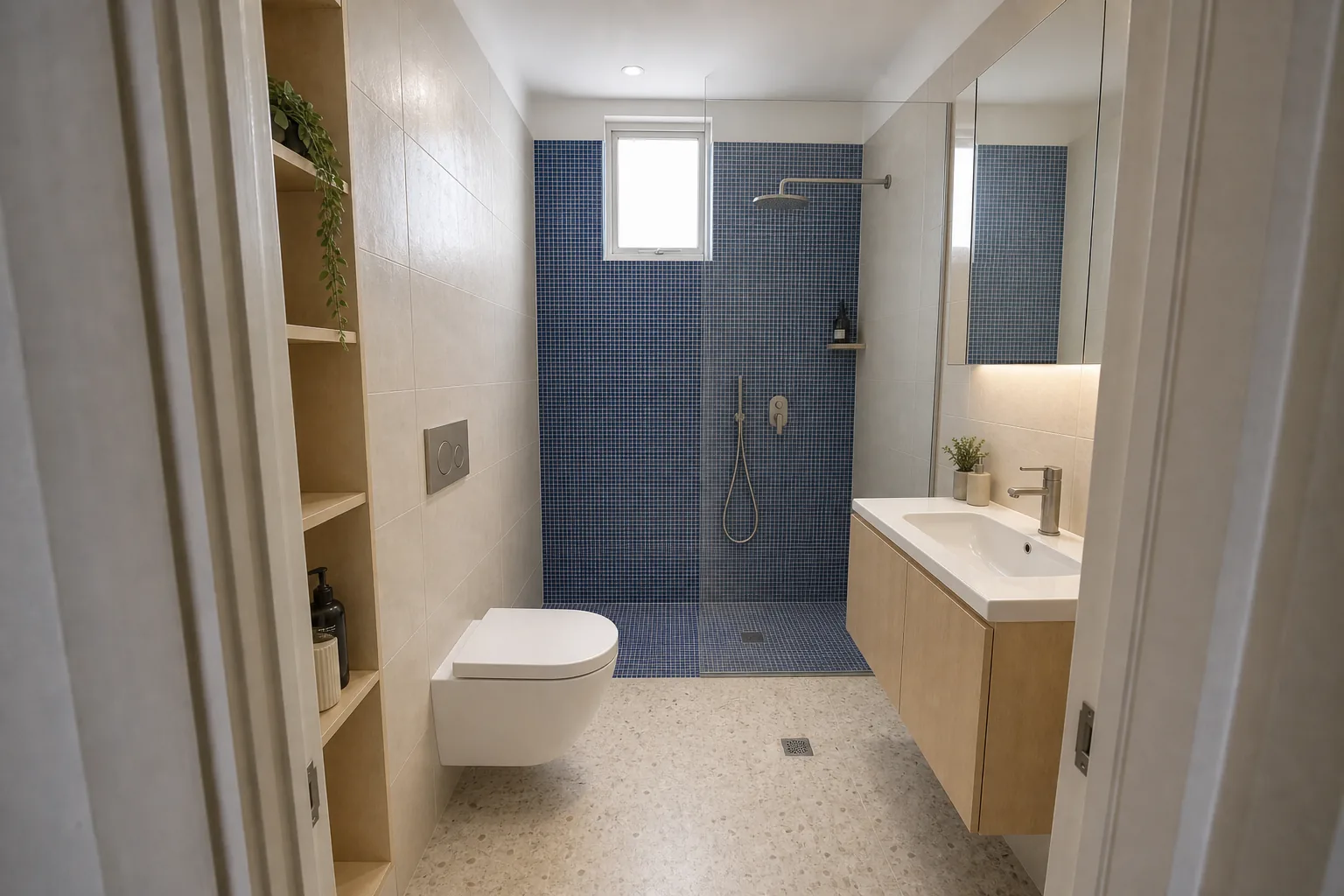 Representative compact inner-city bathroom concept after renovation with a cobalt wet-room shower