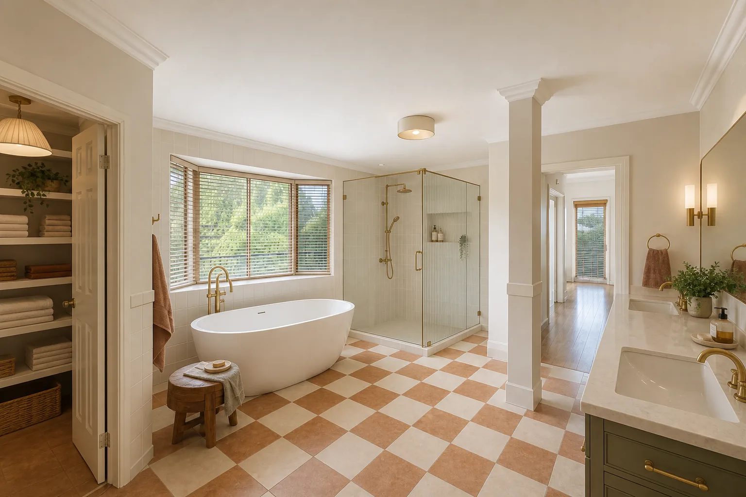 Representative large family bathroom concept after renovation with checkerboard flooring