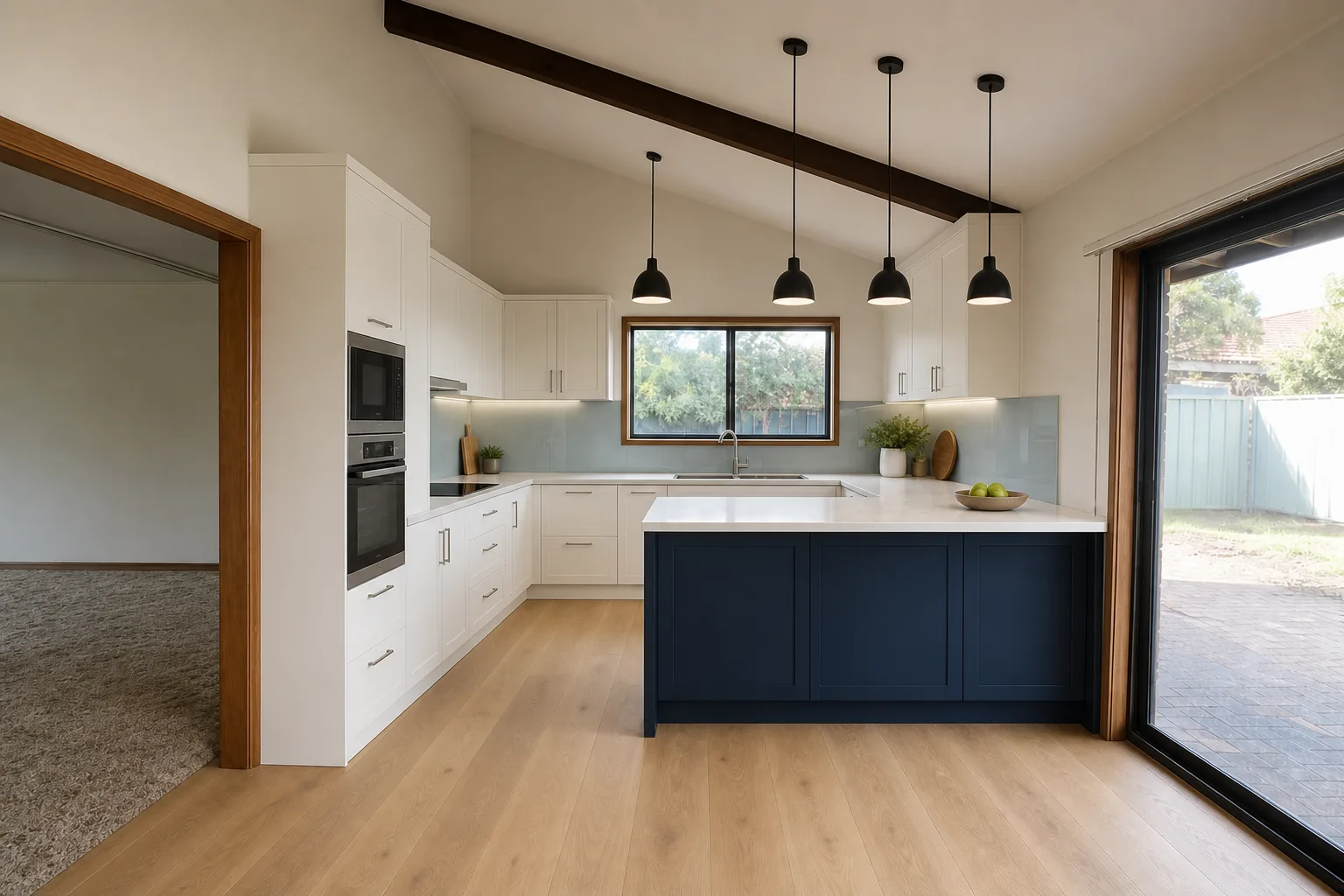 Representative 1980s suburban kitchen concept after renovation with a navy family island