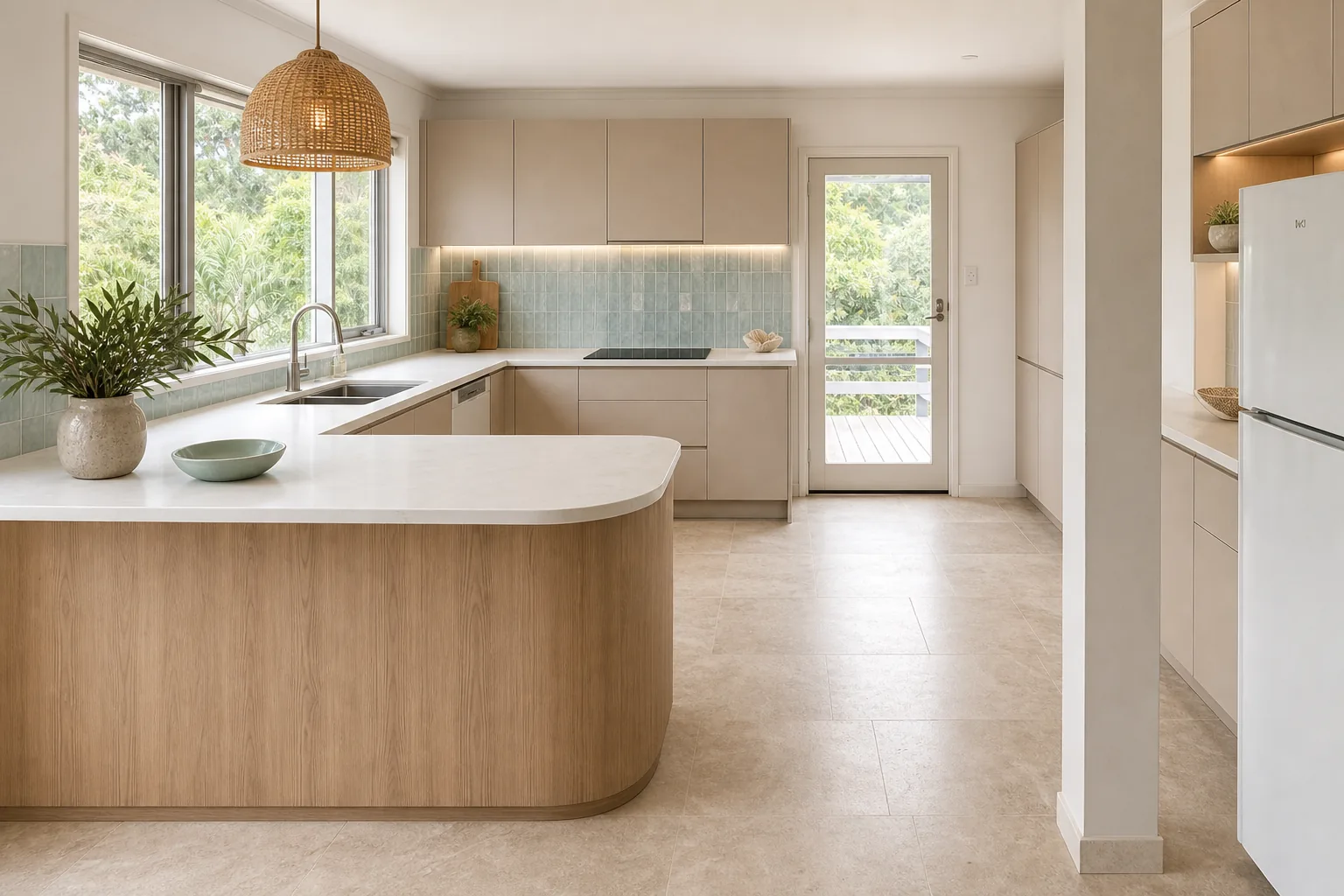 Representative coastal Sydney kitchen concept after renovation with pale oak and sea-glass finishes