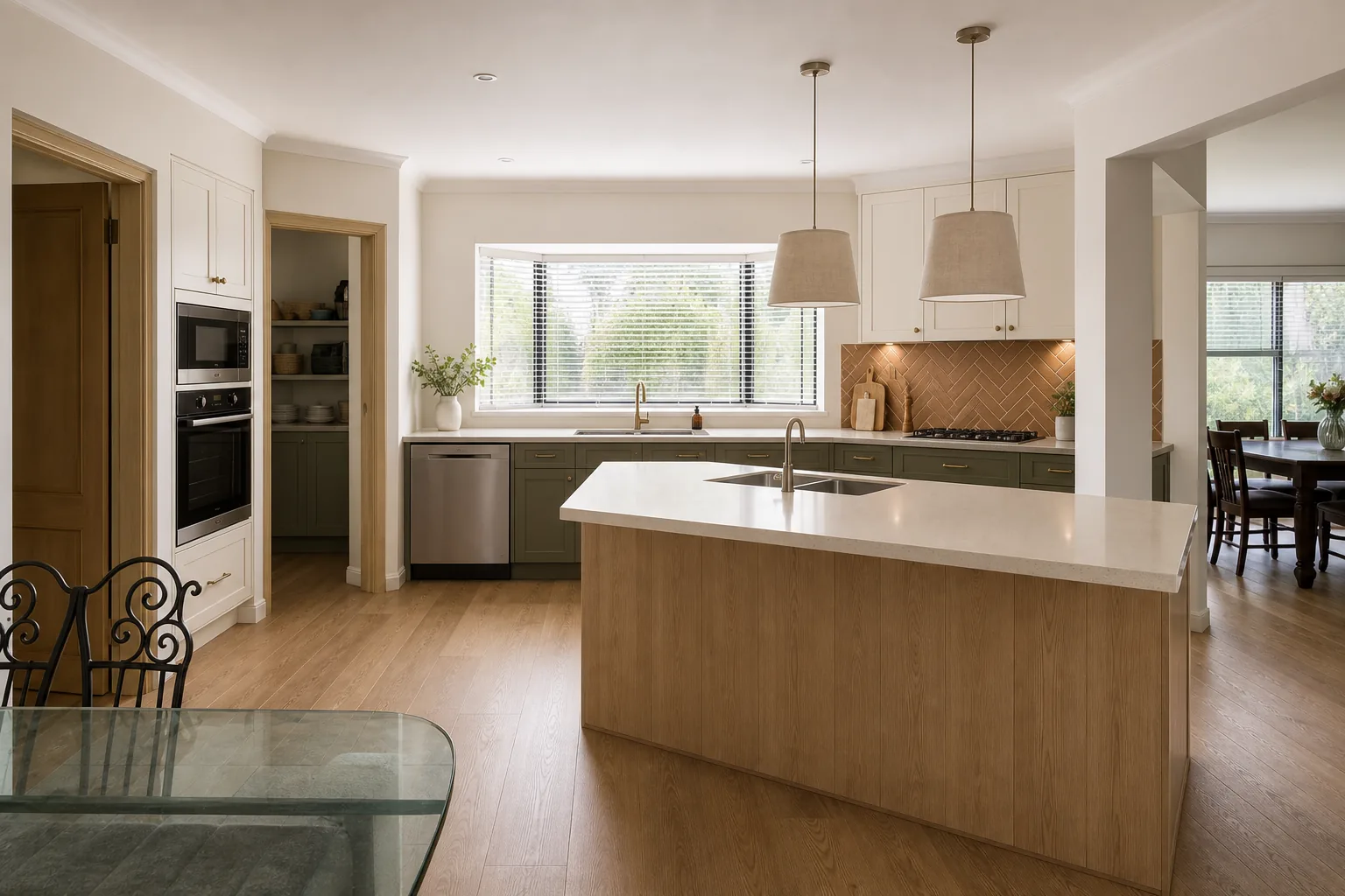 Representative large family kitchen concept after renovation with an oak island and olive cabinetry