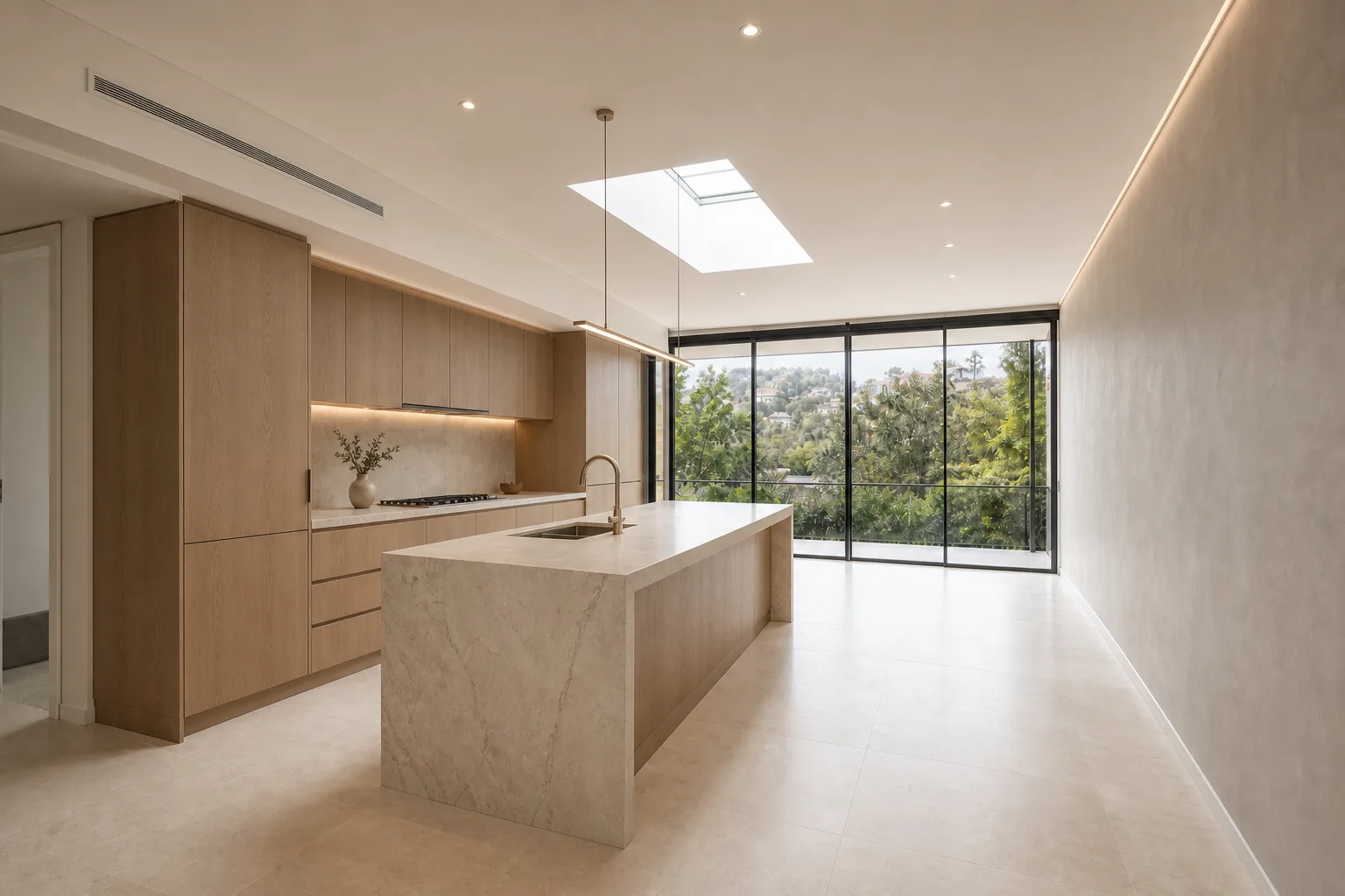 Representative premium modern kitchen concept after renovation in limestone and smoked oak