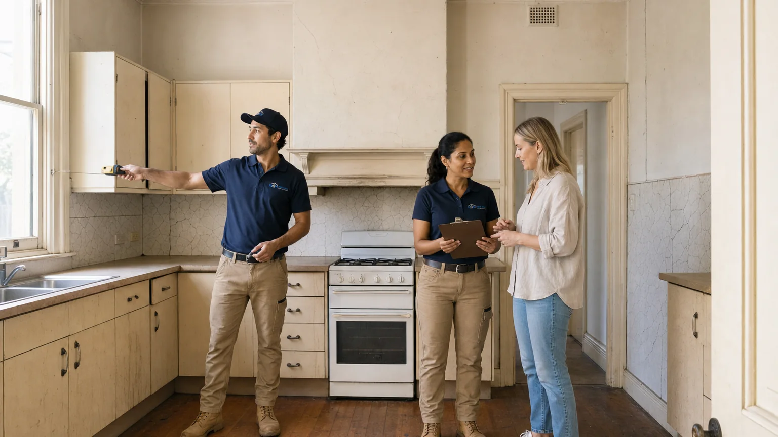 Representative quote stage in a worn Federation kitchen with the renovation team measuring beside the homeowner.