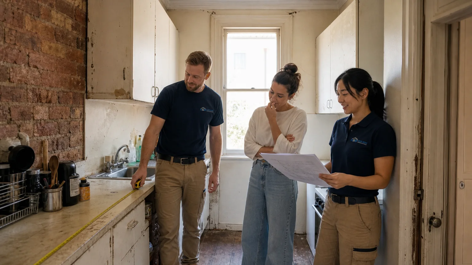 Representative quote stage in a narrow Victorian terrace kitchen with the team measuring the existing galley.