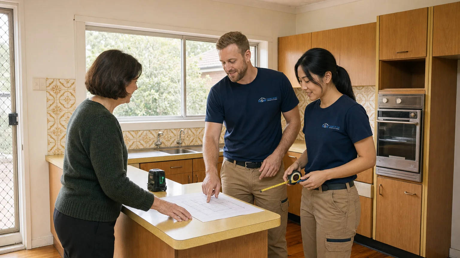 Representative quote stage in a 1960s brick-home kitchen with the team reviewing dimensions with the homeowner.