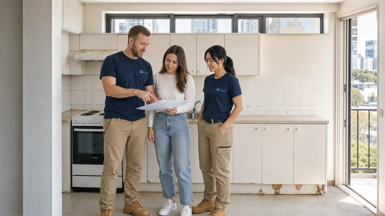 Representative quote stage in a compact inner-city kitchen with the team discussing the one-wall layout.