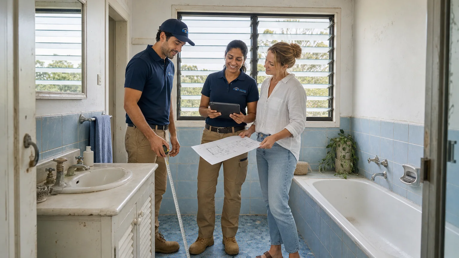 Representative quote stage in a weathered coastal bathroom with the team reviewing plans beside the homeowner.