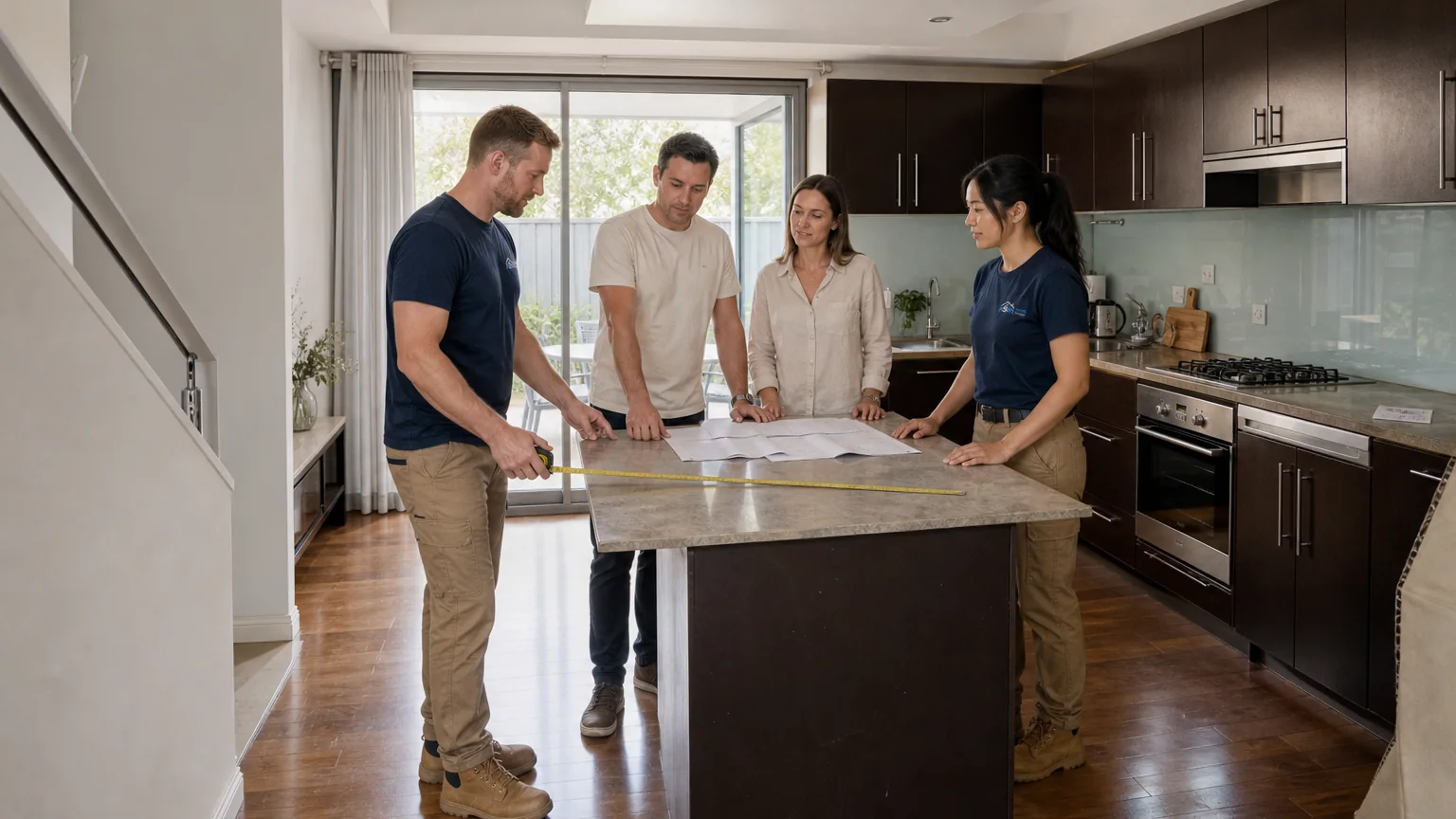 Representative quote stage in a dated townhouse kitchen with the team measuring island clearances.